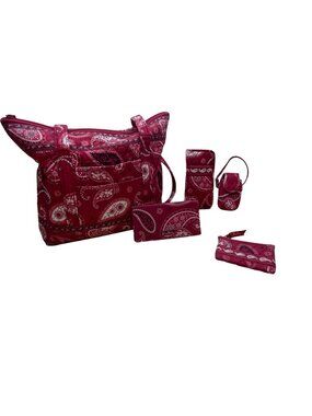 Vera Bradley Women’s Red Cotton Paisley Tote Bag With Matching Accessory Set